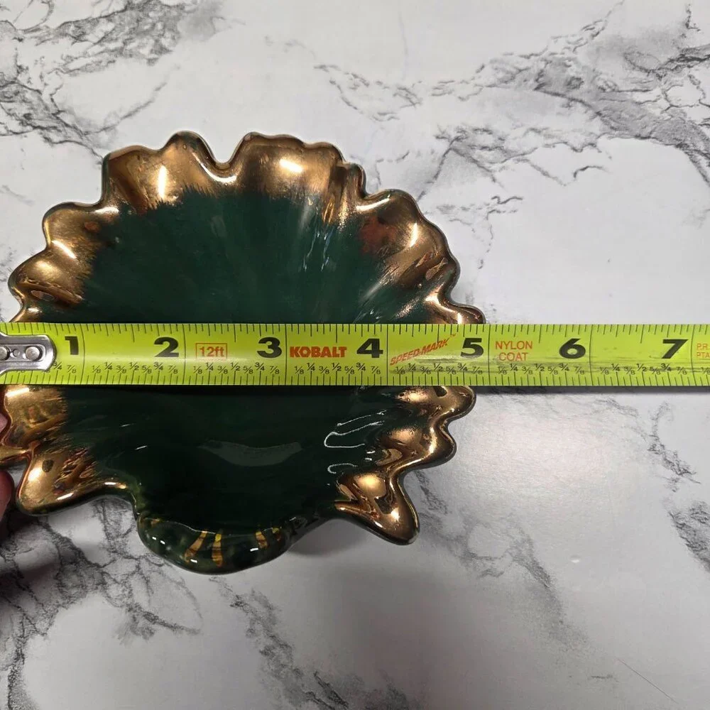 Vintage Unbranded Dark Green Gold Scalloped Edge Footed Trinket Soap Dish